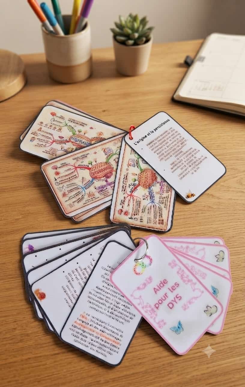 Trousseau de fiches plastifiées présentant les cartes mentales des 6 troubles DYS dyslexie dyspraxie dyscalculie dysphasie dysorthographie dysgraphie